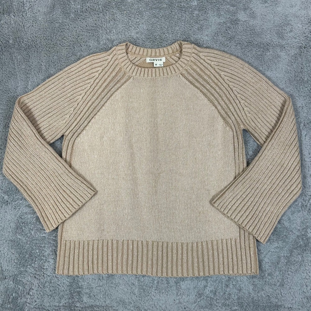 Orvis Womens Tan Beige 100% Cotton Raglan Ribbed Knit Crewneck Sweater Size M